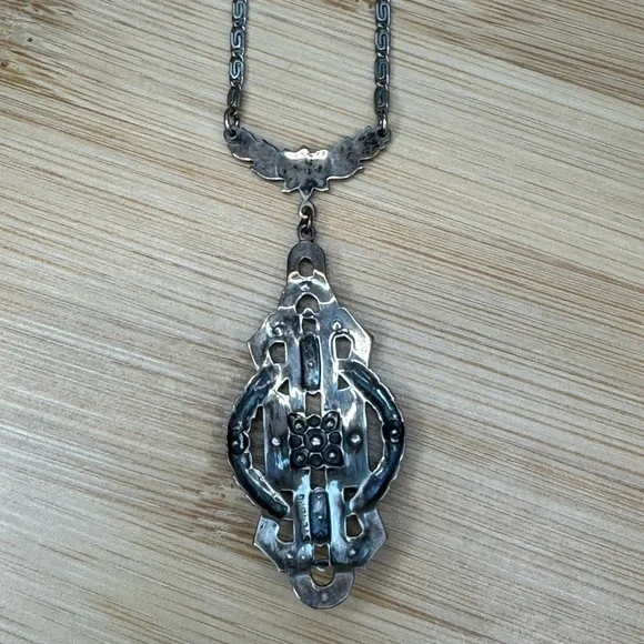 Antique Art Deco Sterling Silver Marcasite Pendant Necklace